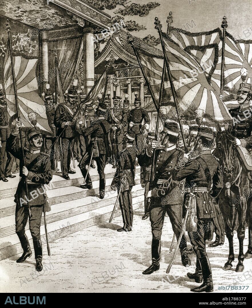 P.H.G.V. MICHEL. Russo-Japanese War (1904-1905). The Japonese emperor Meiji (1852-1912) delivering the flag to his troops. Engraving.