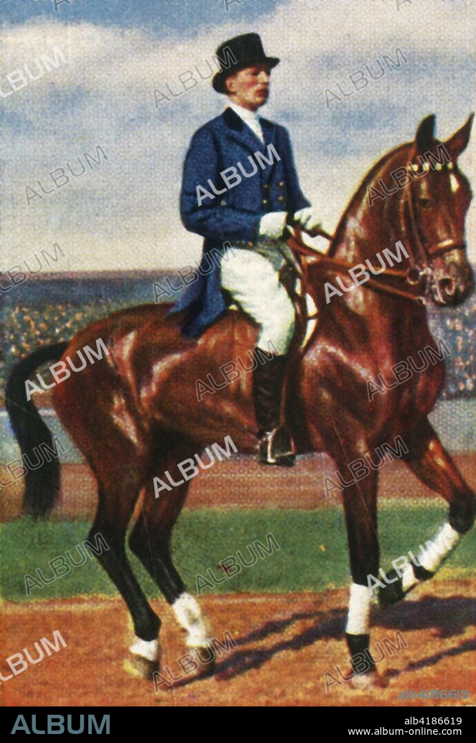 Carl von Langen of Germany on his horse Draufgänger, 1928. Equestrian Carl Freiherr von Langen (1887-1934) won gold medal in the individual dressage event as well as in the team dressage competition at the 1928 Summer Olympics, held in Amsterdam. From "Die Welt in Bildern", (The World in Pictures), cigarette card album, c1928. [Georg A Jasmatzi, A.-G., Dresden, Germany].