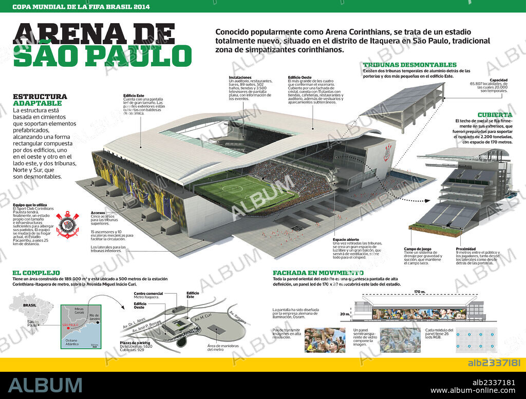 Arena de São Paulo. Infographic of the Arena de Sao Paulo, popularly known as Arena Corinthians, one of the stadiums for the 2014 FIFA World Cup Brazil.