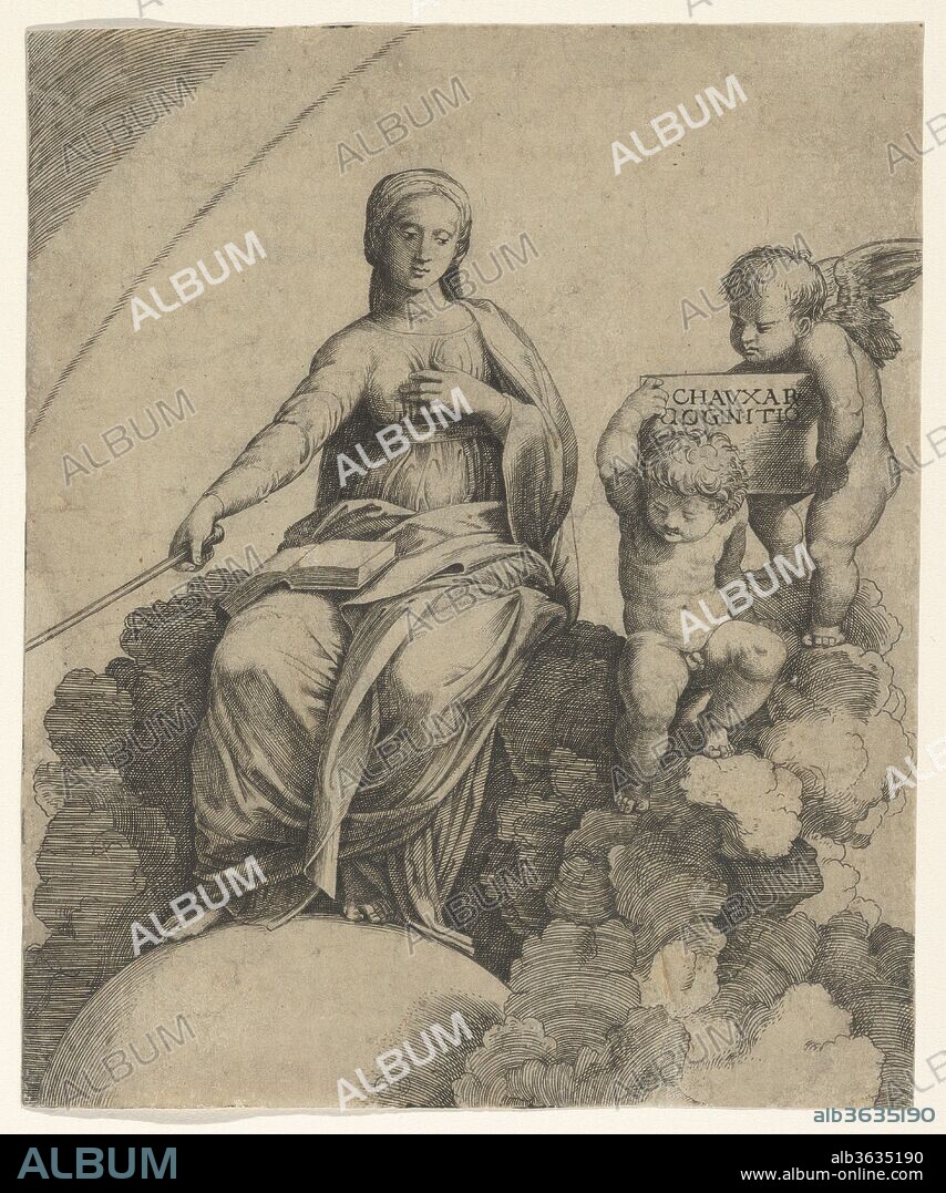A personification of Philosophy sitting on clouds with her feet resting on a globe, two putti at right holding a tablet. Artist: Marcantonio Raimondi (Italian, Argini (?) ca. 1480-before 1534 Bologna (?)); After Raphael (Raffaello Sanzio or Santi) (Italian, Urbino 1483-1520 Rome). Dimensions: 7 x 5-3/4 in.  (17.8 x 14.6 cm). Date: ca. 1510-15.