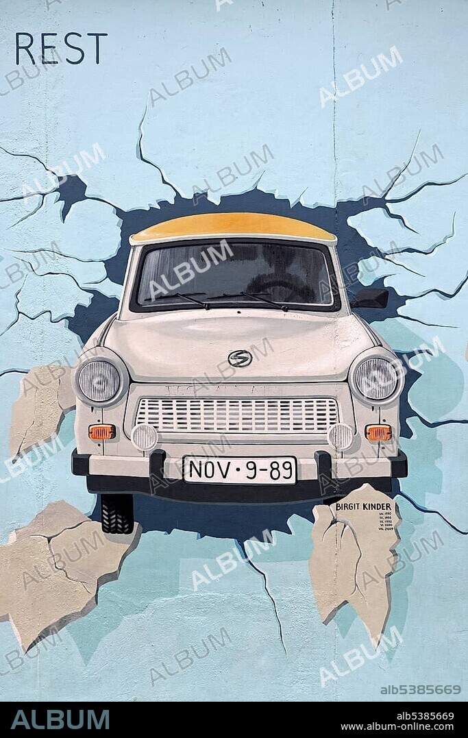 Birgit Kinder, Test the Rest, Trabant breaking through the Berlin Wall, by Birgit Kinder, painting on the Berlin Wall, East Side Gallery, Berlin, Germany, Europe.