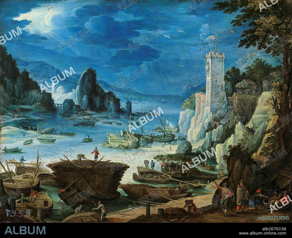 Paul Bril / 'Puerto con castillo', Hacia 1601, Escuela Flamenca, Lámina de cobre, 24 cm x 35 cm, P04003.