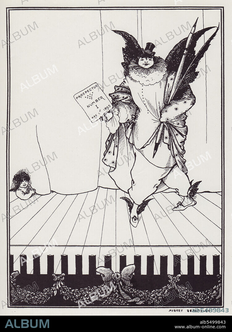 AUBREY BEARDSLEY. Design for the Prospectus of the Savoy, II, 1895. Winged figure carrying quill pens and a sign. Illustration for "The Savoy" magazine. From "The Best of Beardsley" edited by R. A. Walker, [The Bodley Head, London, 1948].