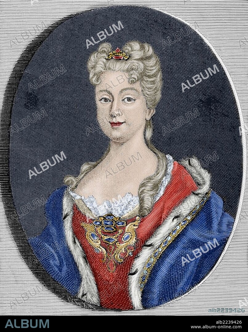 ISABEL DE FARNESIO (1692-1766). Reina consorte de España, segunda esposa de Felipe V. Grabado coloreado.