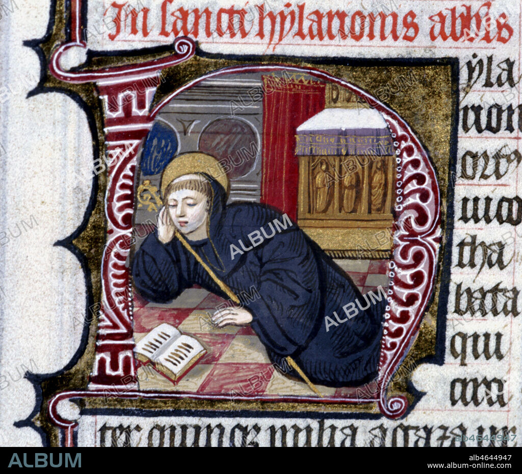 Saint Hilarion, abbé au 4ème siècle, et lettrine "H". Enluminure tirée d'un bréviaire du 15ème siècle. (f°586).
