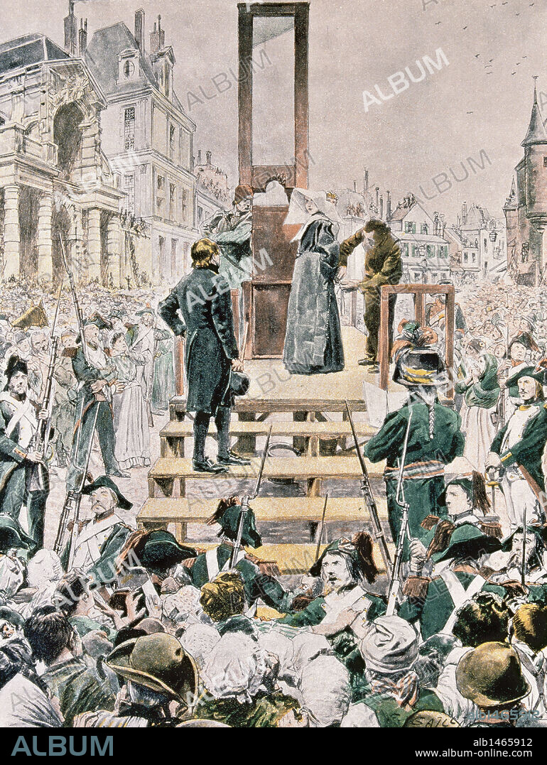 FRENCH REVOLUTION. An execution by guillotine. Sister Teresa on the scaffold to be guillotined in 1790. Colored engraving from "L'Illustration", 1901.