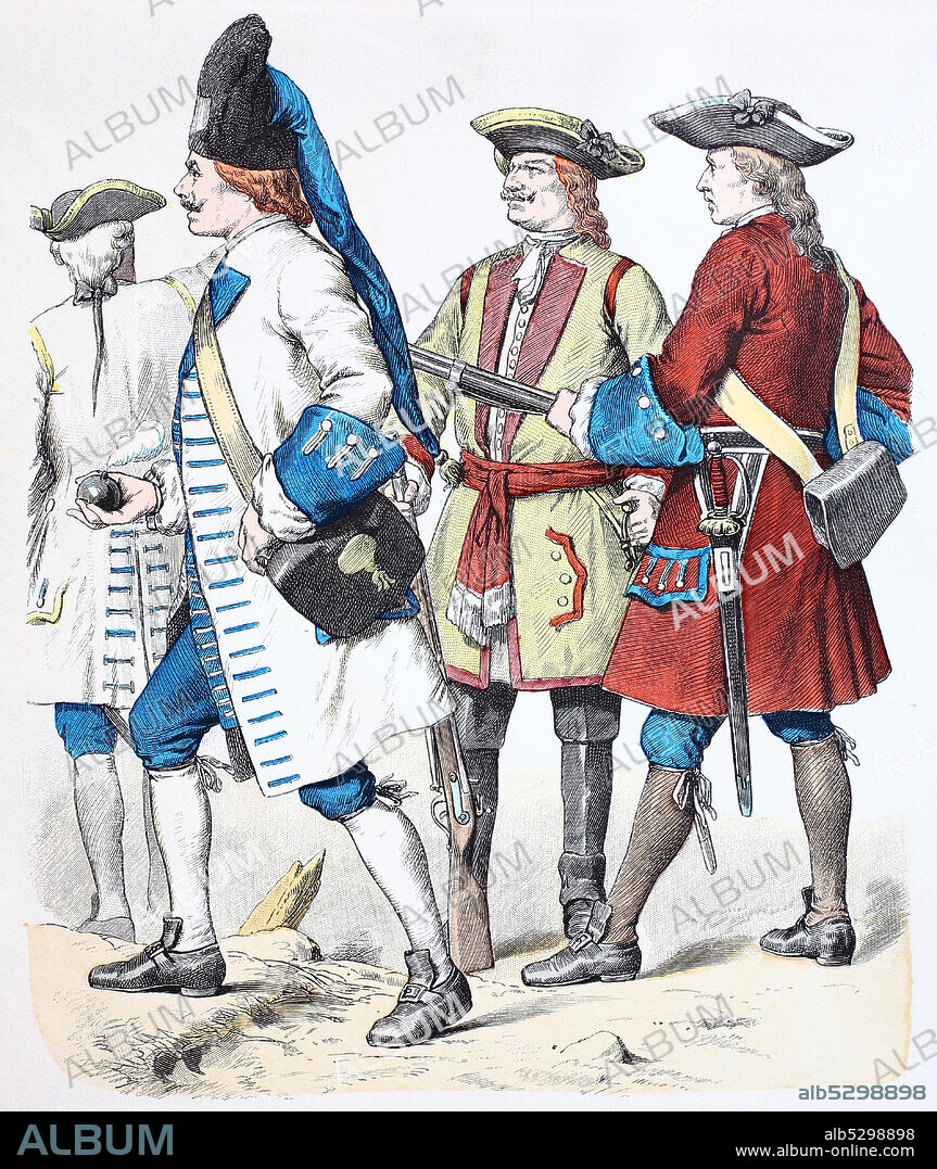 National costume, clothes, history of the costumes, officer of the grenadiers, grenadier, Dragoon, infantry, archiepiscopal Konstanzer the military, military uniform from Germany, in 1738, Volkstracht, Kleidung, Geschichte der Kostüme, Offizier der Grenadiere, Grenadier, Dragoner, Infanterie, Erzbischöfliches Konstanzer Militär, Militäruniform aus Deutschland, 1738.