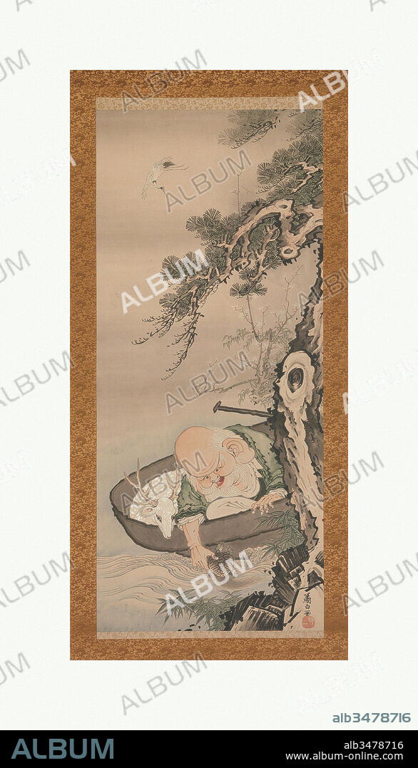 ????? ????, The God of Good Fortune Jurojin, Edo period (1615–1868), mid- to late 18th century, Japan, Hanging scroll; ink and color on paper, Image: 52 3/4 x 22 5/16 in. (134 x 56.7 cm), Paintings, Soga Shohaku (Japanese, 1730–1781), Jurojin, one of the seven Japanese gods of good fortune, is seated in small boat with a white deer, his frequent companion. To compound the felicitous imagery, Jurojin hoists a small minogame (straw-raincoat turtle) into the boat, and above the sagely figure soars a crane, also a symbol of longevity.