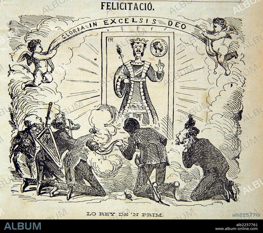 PRIM , JUAN. POLITICO Y MILITAR ESPAÑOL. REUS 1814-1870. CARICATURA EN LA REVISTA SATIRICA " LA CAMPANA DE GRACIA " , AÑO 1870 SOBRE EL EXCESO DE PODER DEL GENERAL.