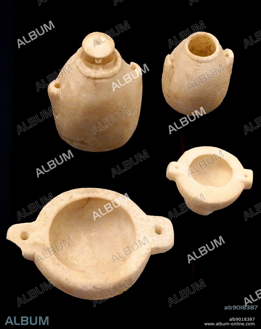 Alabaster vessels (1250-1150 BC) Although termed alabaster (calcium carbonate) these locally made pieces are of gypsum which is calcium sulphate. at the end of the 13th century BC, from Tell es-Saidiyeh, Egypt.