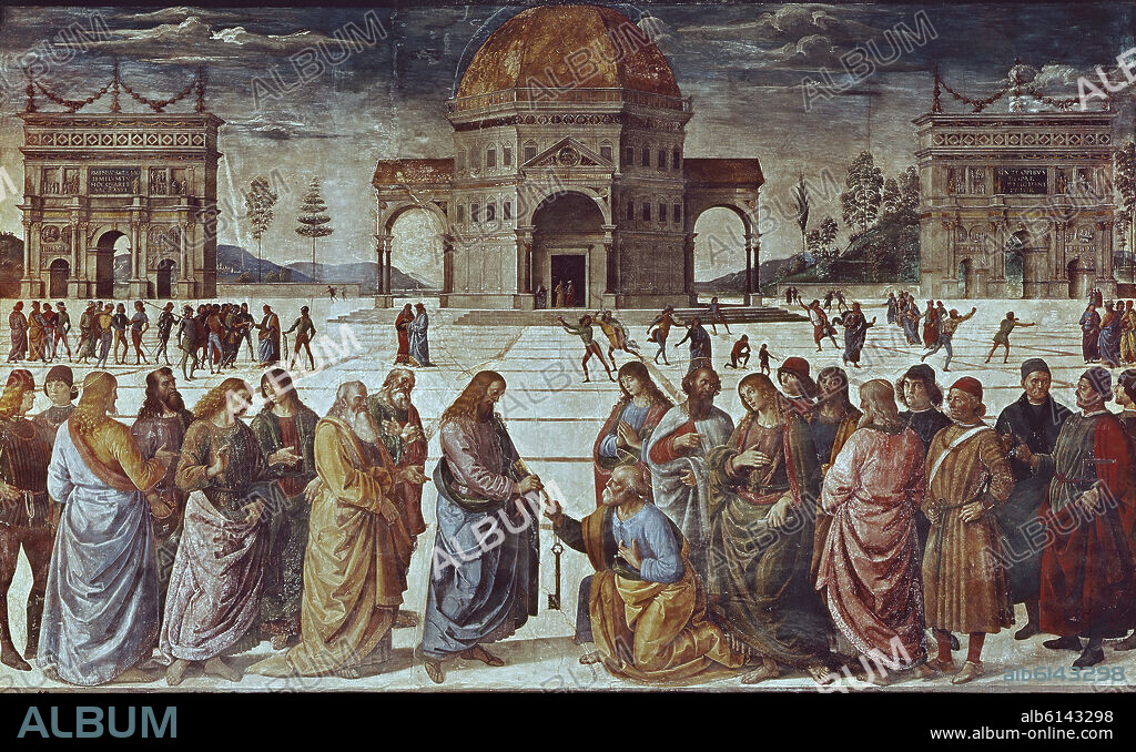 PIETRO PERUGINO (1445-1523). CRISTO ENTREGANDO LAS LLAVES A SAN PEDRO - 1481-1482 - FRESCO - RENACIMIENTO ITALIANO.