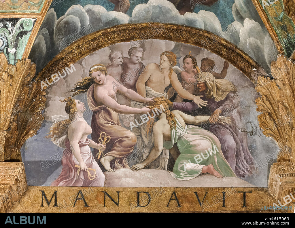 Mantua, Palazzo Te (Gonzaga's summer residence), Sala di Amore e Psiche: view of the vault, with frescoes by Giulio Romano and his assistants (1526 - 1528). Giulio Romano got his inspiration from Apuleius' Metamorphoses.. Detail of the vault with Psyche's punishment.