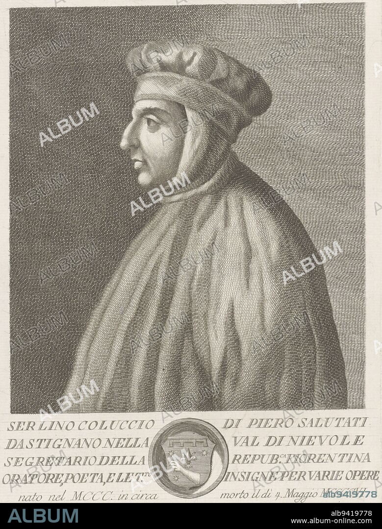 Portrait of Coluccio Salutati at half-length, profile to left Below the portrait a text in Italian and a coat of arms in a circular frame, Portrait of Coluccio Salutati Portraits of famous Italians with coat of arms in lower margin , print maker: Francesco Allegrini, (mentioned on object), intermediary draughtsman: Raimondo Faucci, (mentioned on object), Giovanni Domenico Berio, (mentioned on object), Italy, 1768, paper, engraving, h 296 mm × w 199 mm.