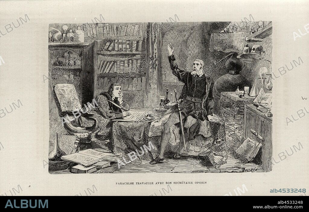Paracelse works with his secretary Oporin, Paracelsus in his study with his secretary Johannes Oporinus, Signed: E. Lefebvre, Morin, Fig. 3, after p. 76, p. 95, Morin, M. E., 1868, Louis Figuier: Savants de la renaissance: Paracelse, Ramus, Jérome Cardan, Bernard Palissy, George Agricola, Conrad Gesner, Rondelet, André Vésale, Ambroise Paré, Kopernik, Tycho Brahé, Vasco de Gama, Magellan. Paris: librairie internationale, 1868.