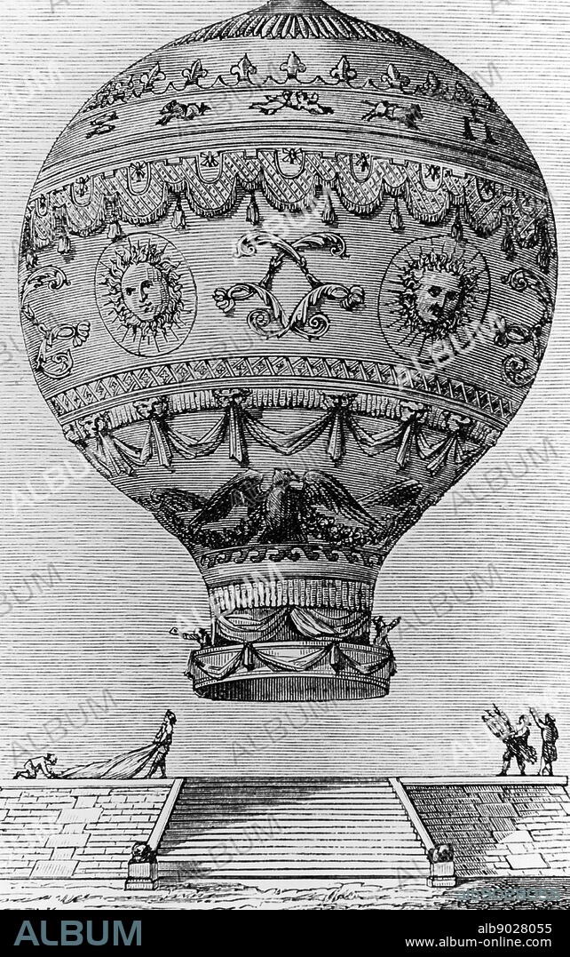 Copperplate engraving of the Hydrogen Balloon designed by the Montgolfier Brothers. Joseph-Michel Montgolfier (1740-1810) and Jacques-Étienne Montgolfier (1745-1799) inventors of the Montgolfier-style hot air balloon, globe aérostatique. Dated 18th Century.
