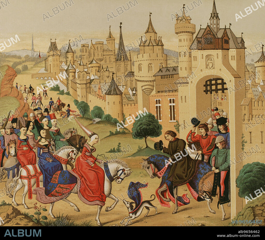 FRANZ KELLERHOVEN (1814-1872). GERMAN LITHOGRAPHER.. Entrance into Paris on 20 June 1389 of Isabella of Bavaria (1370-1425), Queen consort of France by marriage to King Charles VI of France. Chromolithography by Franz Kellerhoven after a miniature of "Froissart's Chronicles". "Les Arts au Moyen Age et a l'Epoque de la Renaissance", by Paul Lacroix. Paris, 1877.