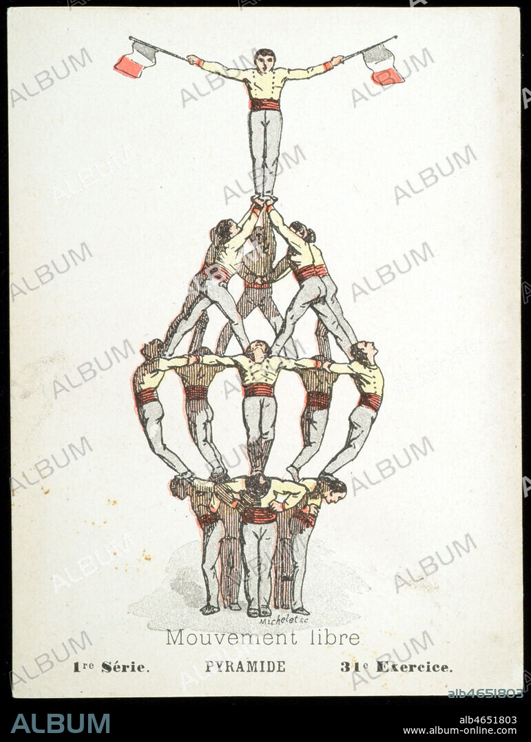 Mouvement libre. Pyramide. Carte tiree de la serie Enseignement de la gymnastique et des exercices militaires par l'image. debut 20 s. Credit : Collection Six/KHARBINE-TAPABOR.