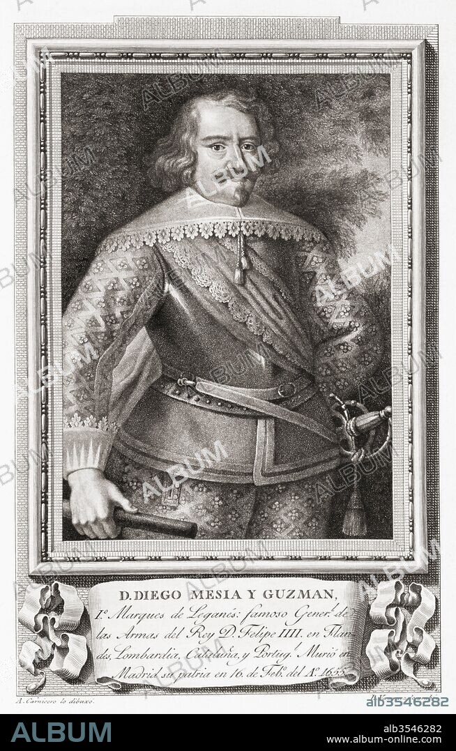 Diego Mexía Felipez de Guzmán y Dávila, 1580–1655. Viscount of Butarque and first Marquis of Leganés. Spanish politician and army commander. After an etching in Retratos de Los Españoles Ilustres, published Madrid, 1791.