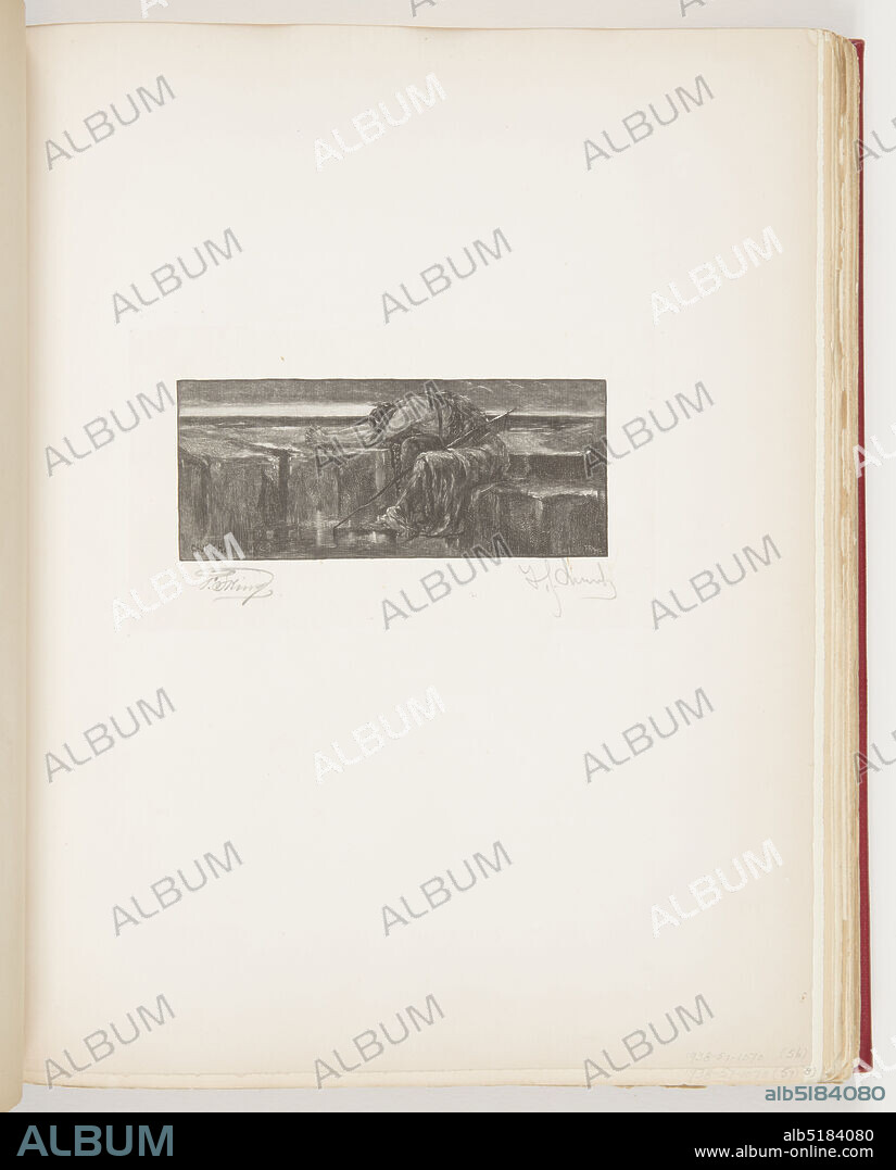 The Brid-Bride, Etching in black ink on paper, Profile of figure in rags, sitting by rock ledge. Upper body thrown over rock ledge, head buried beneath extended arms, hands grasped in prayer. Spear by his side. Sea in the distance., USA, ca. 1889, figures, Ephemera, Ephemera.