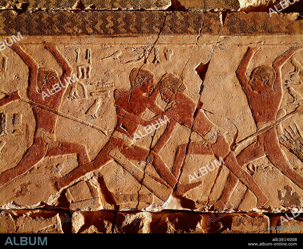 Artwork in the joint tomb of Khnumhotep and Niankhkhnum in Saqqara, Egypt, c. 2400 BCE. These two men were Ancient Egyptian royal servants and confidants. Buried together with pictorial representations of their closeness, they are assumed by many to have been a same-sex couple.