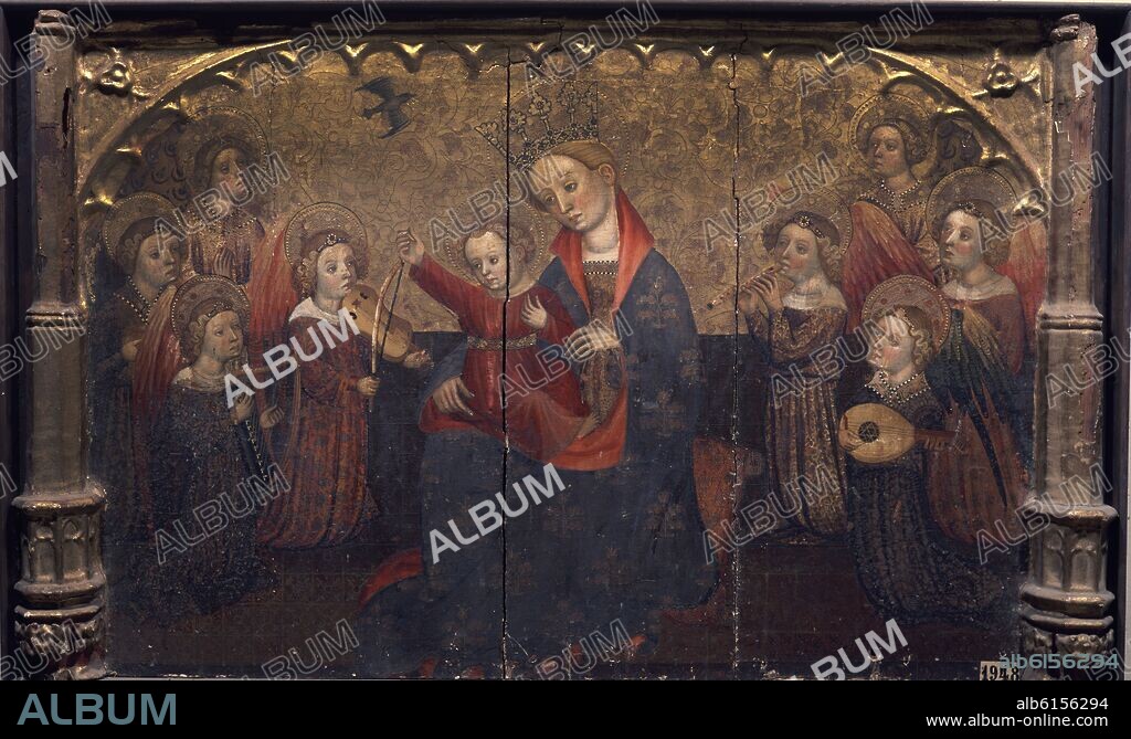 JAUME CABRERA. VIRGEN CON NIÑO Y ANGELES MUSICOS - SIGLO XV - FRAGMENTO DE UN RETABLO GOTICO.