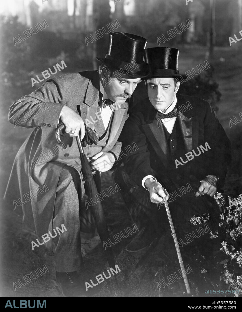 BASIL RATHBONE and NIGEL BRUCE in THE ADVENTURES OF SHERLOCK HOLMES, 1939, directed by ALFRED L. WERKER. Copyright 20TH CENTURY FOX.