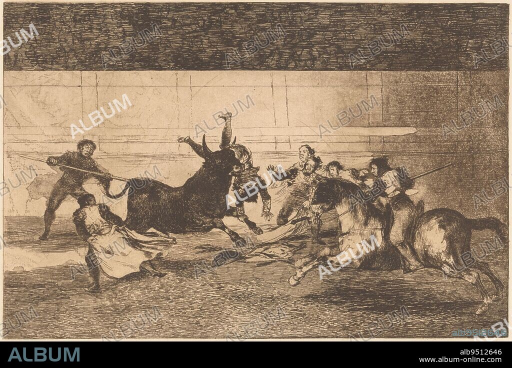 In an arena, a man is impaled on the horn of a bull. Possibly the bullfighter (torero) Pepe-Hillo. Several men attack the bull with lances. Top right: E., Man impaled on the horn of a bull Mort de Pepe Illo Bullfighting (series title) La Taureaumachie (series title) La Tauromaquia (series title), print maker: Francisco de Goya, publisher: Eugène Loizelet, print maker: Spain, publisher: Paris, 1876, paper, etching, h 252 mm × w 350 mm.