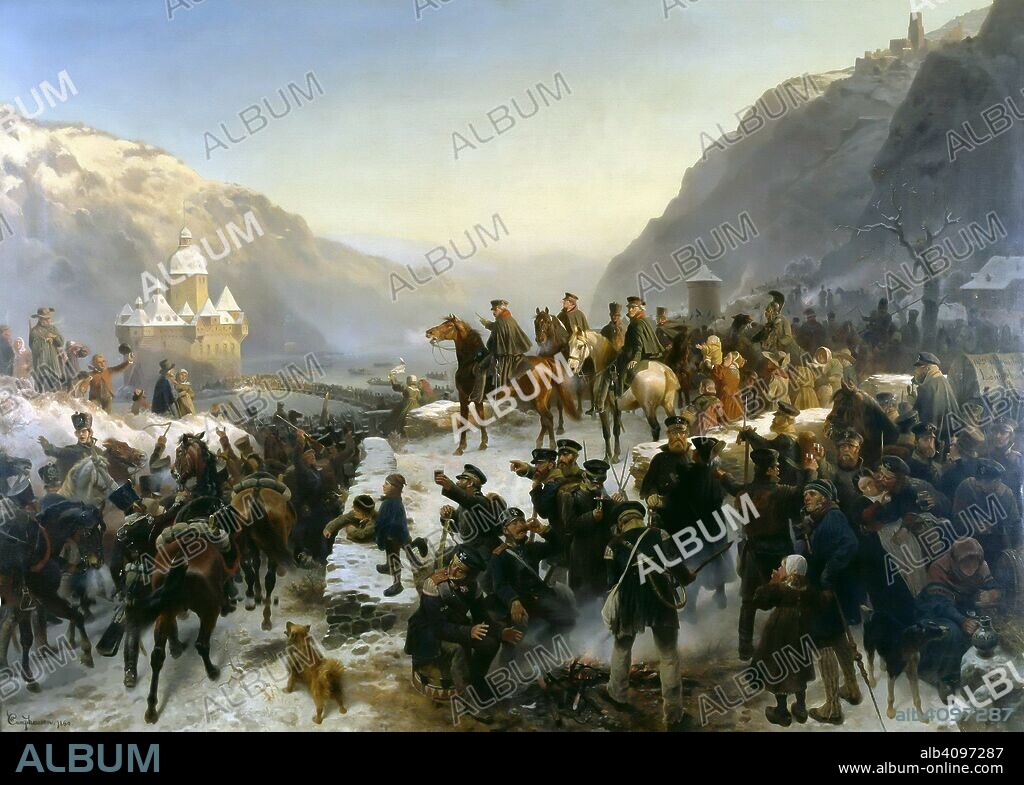 WILHELM CAMPHAUSEN. Blücher crossing the River Rhine near Kaub on 1st January 1814.