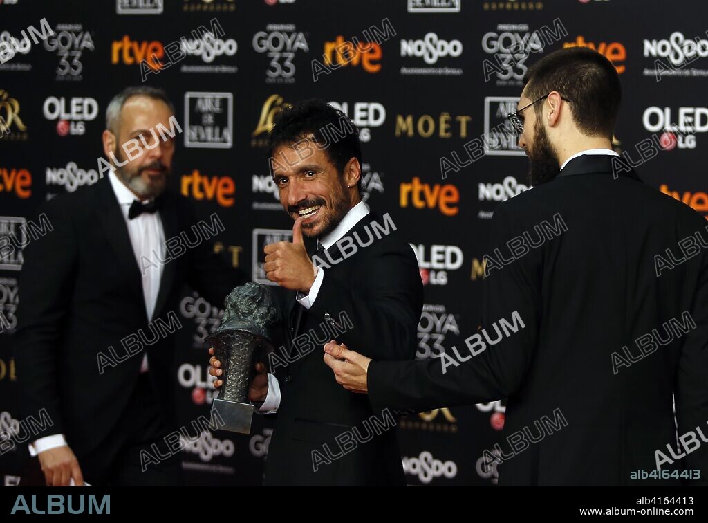February 3, 2019 - Sevilla, Andalusia, Spain - Carles Bover and Julio Perez del Campo holds the best documentary shortfilm award for the film 'Gaza' during the 33rd edition of the Goya Cinema Awards in Seville. 03/02/2019