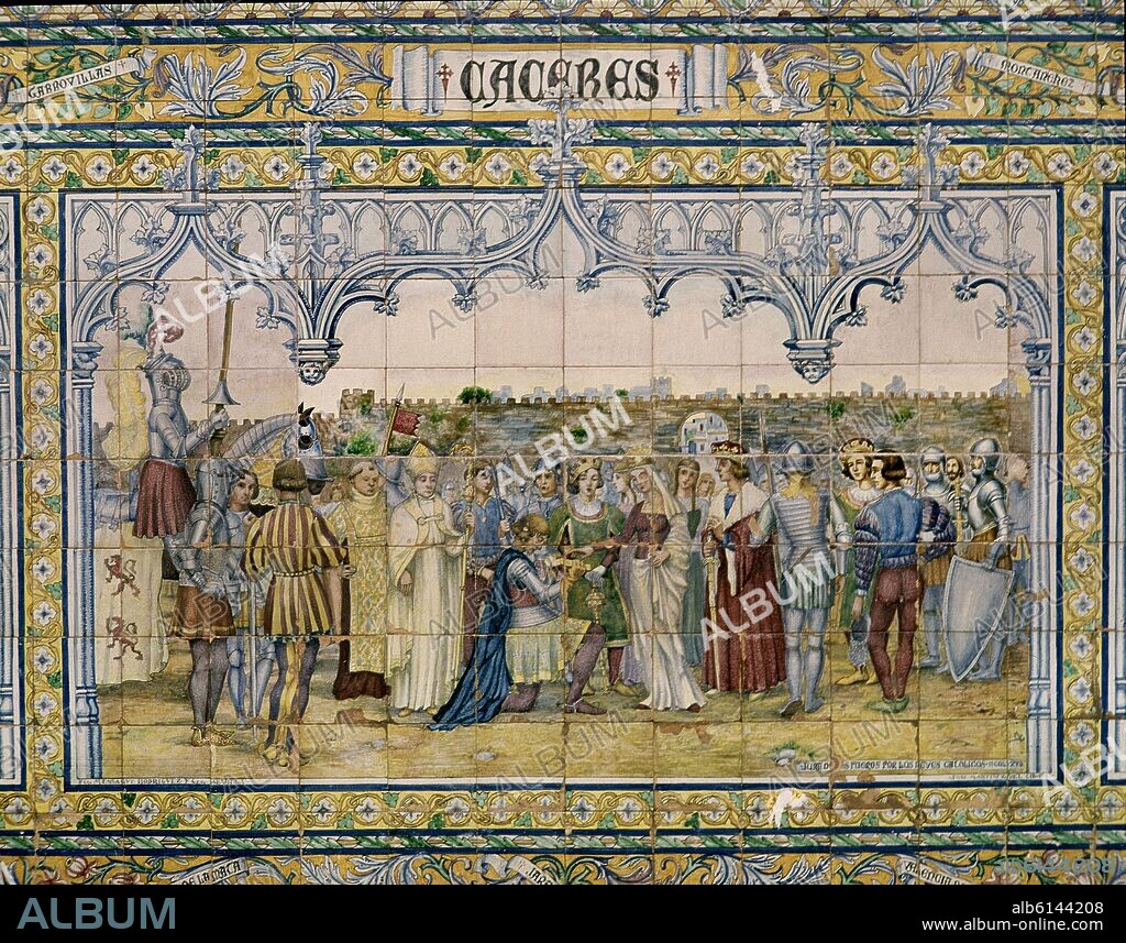 JURA DE LOS FUEROS DE CACERES EN 1477 - MOSAICO DE AZULEJOS - SIGLO XX.