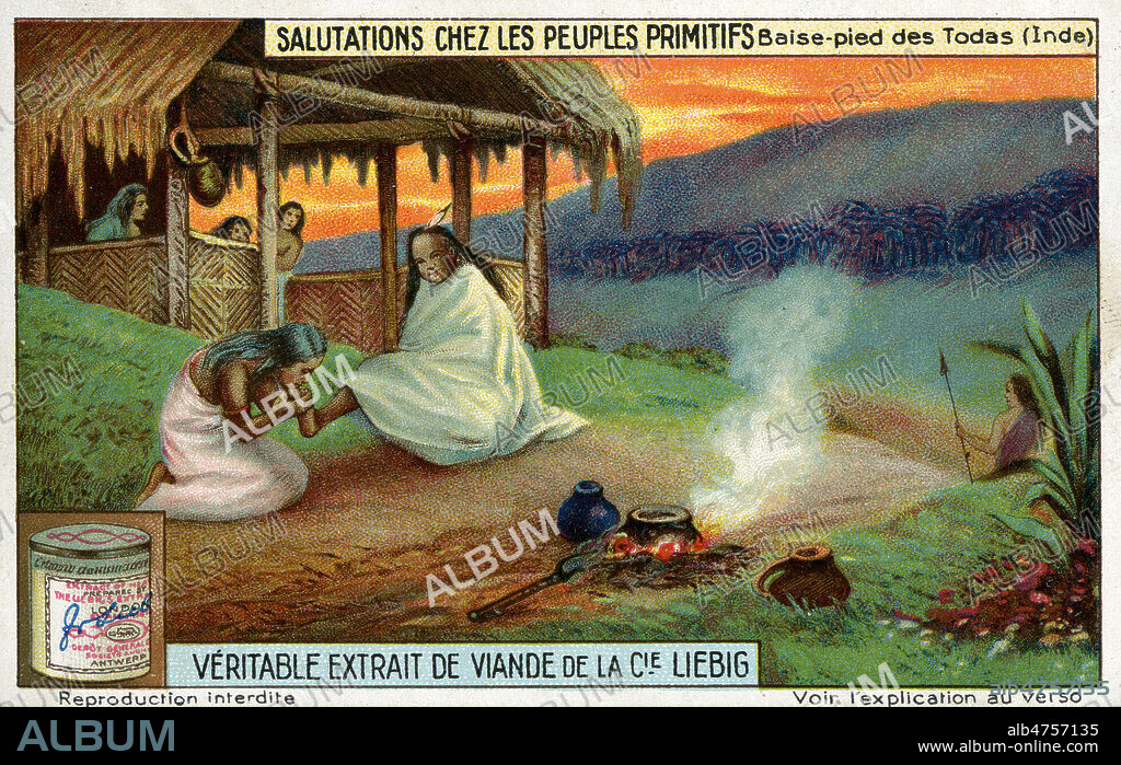 'Salutations chez les peuples primitifs : baise-pied des Todas (Inde)'. Chromo publicitaire Liebig de 1926. Illustration anonyme. Credit : Collection KHARBINE-TAPABOR.
