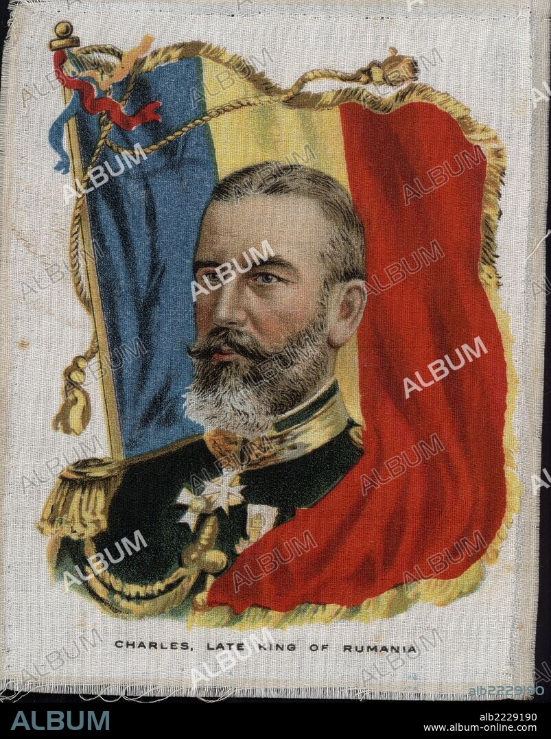 Carlos I de Rumania (1839-1914), rey de Rumania. Retrato y bandera impresos sobre tela. Años 1920.