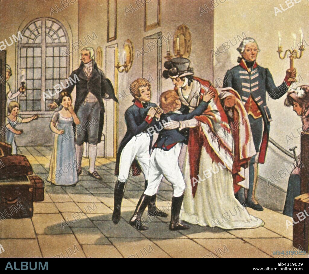 First meeting of Queen Louise and her children after the Battle of Jena, 18 October 1806, (1936). 'Erste Begegnung Der Königin Luise Mit Ihren Kindern Nach Der Schlacht Bei Jena, 18 Oktober 1806'. Louise of Mecklenburg-Strelitz with her sons Frederick (the future King Frederick William IV of Prussia) and his younger brother Wilhelm, (future Wilhelm I, Emperor of Germany, King of Prussia). From "Bilder Deutscher Geschichte", (Pictures of German History), No.12, cigarette card album. [Cigaretten-Bilderdienst, Altona-Bahrenfeld, Hamburg, Germany, 1936].