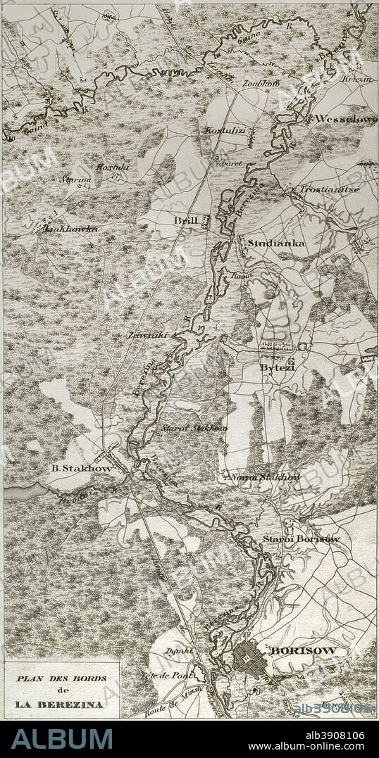 Napoleonic map. Banks of the Berezina river (Belarus). Battle of Berezina. It took place from 26 to 29 November 1812, between the French army of Napoleon, retreating after his invasion of Russia and crossing the Berezina (near Borisov, Belarus) and the Russian troops. Atlas de l'Histoire du Consulat et de l'Empire. History of the Consulate and the Empire of France under Napoleon by Marie Joseph Louis Adolphe Thiers (1797-1877). Drawings by Dufour, engravings by Dyonnet. Edited in Paris, 1864.