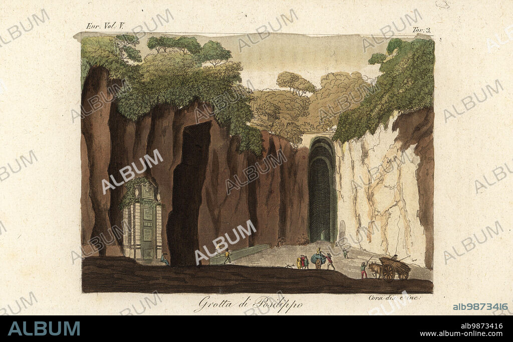 View of the Neapolitan Crypt or Crypta Neapolitana, ancient Roman road tunnel linking Naples to Pozzuoli on the Via Domiziana, Italy. Grotta di Posilippo. Handcoloured copperplate engraved and drawn by Corsi from Giulio Ferrarios Costumes Ancient and Modern of the Peoples of the World, Il Costume Antico e Moderno, Florence, 1843.
