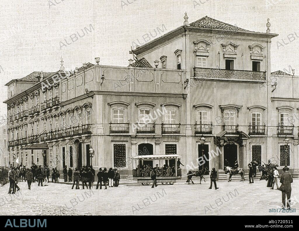BRASIL. RIO DE JANEIRO. Grabado del PALACIO IMPERIAL ocupado militarmente por los insurrectos, en la noche del 16 de noviembre de 1889. El movimiento republicano ocupó el Palacio y el Emperador prisionero recibió a los representantes del nuevo gobierno provisional que le notificaron su destronamiento.
