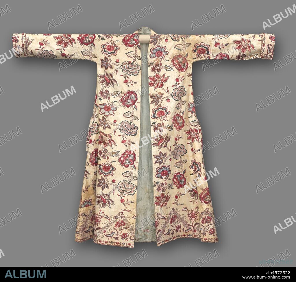Man's morning coat, 1700-1750. Much of the Mughals? wealth derived from the international export of textiles, which became increasingly fashionable throughout Europe and America during the 18th century. This garment was made in India for the aristocratic French market. The floral designs inspired by the southern Indian dyed fabrics known as palampore have been enlivened by labor-intensive gilding and burnishing.