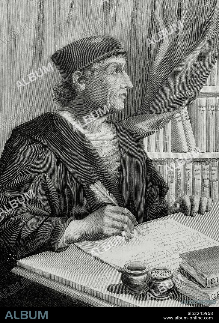 NEBRIJA, Elio Antonio de (Lebrija,1441-Alcalá,1522) Humanista español. Publicó la "GRAMATICA CASTELLANA" (1492), primera obra de este tema en lengua vulgar. Grabado.