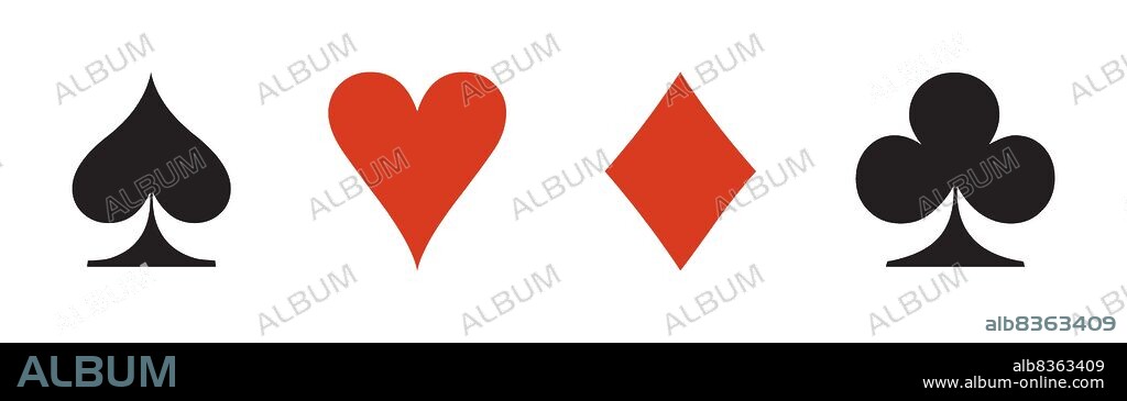 The four suits in the Western playing card deck: spade, heart, diamond, and club.