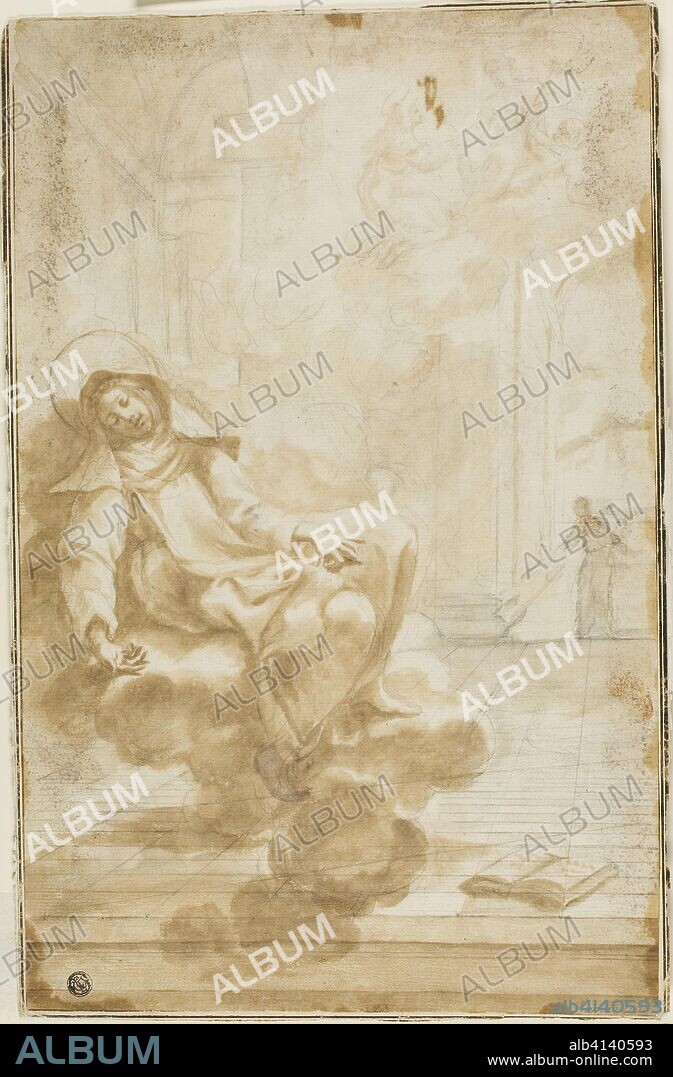 Ecstasy of a Female Saint. Possibly Domenico Piola (Italian, 1627-1703); or Bartolomeo Guidobono (Italian, 1654-1709); or Giovanni Francesco Romanelli (Italian, 1610-1662). Date: 1647-1703. Dimensions: 405 x 255 mm. Brush and brown wash, over black chalk, on ivory laid paper, laid down on cream laid paper. Origin: Italy.