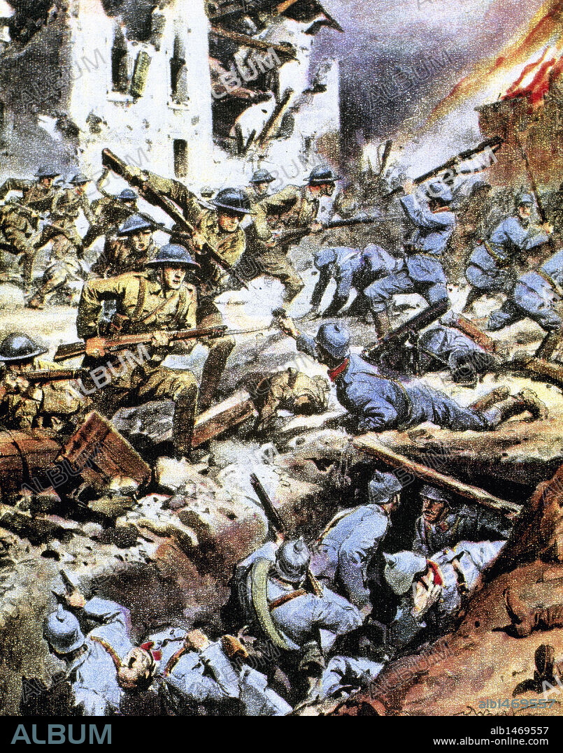 World War I (1914-1918). Attack of the allied troops in the area of Verdun: the british infantry in attack in La Baisselle  to remove a german infiltration. Drawing Color in  "La Domenica del Corriere ".