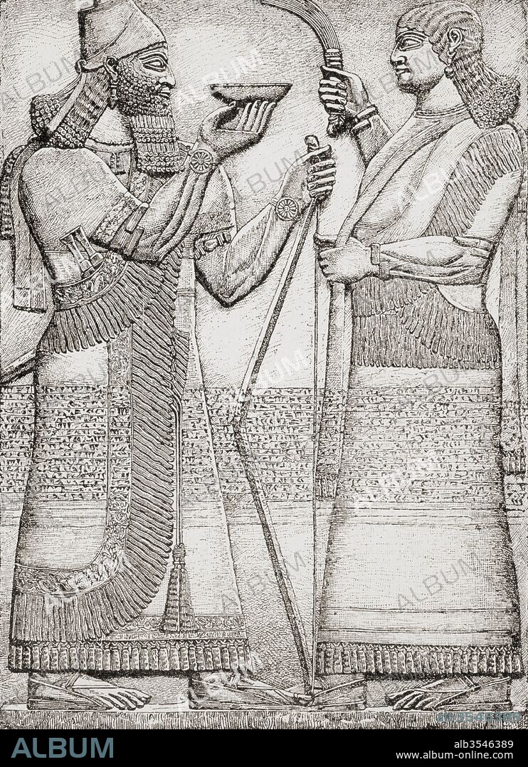 The libation of Ashur-nasir-pal II or Ashurnasirpal II, king of Assyria from 883 to 859 BC. Ancient Nimrud, Iraq. A libation is the pouring of a liquid offering as a religious ritual. After a wall panel from Nimrud, Northwest Palace of Ashurnasirpal II, Iraq. From Kunstgeschichte In Bildern, published 1902.