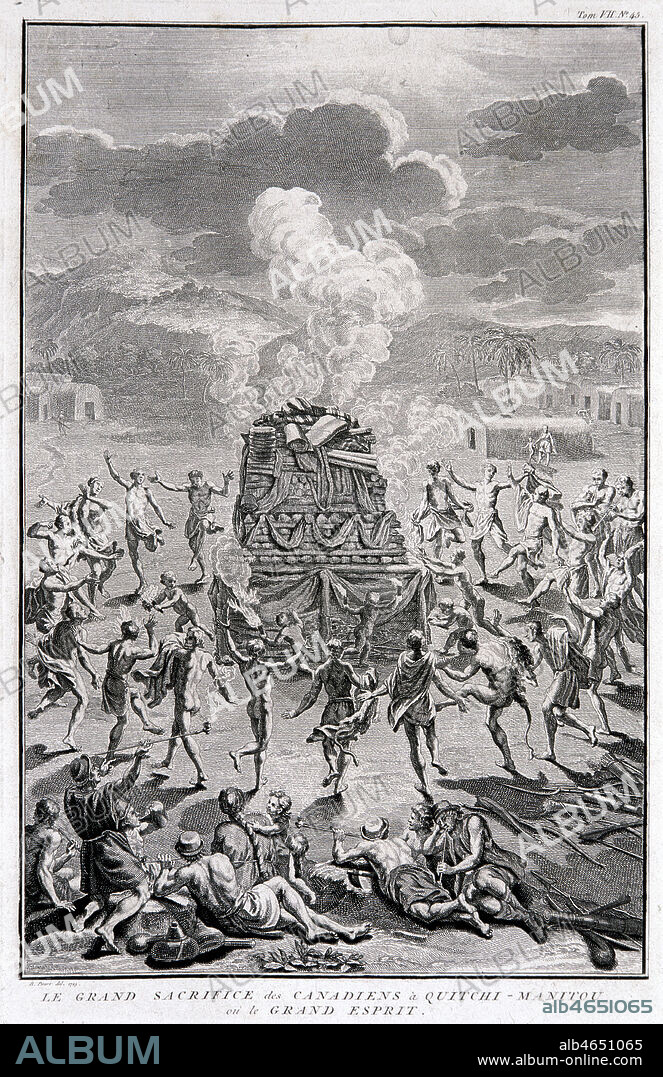 'Le grand sacrifice des indiens canadiens a Quitchi-Manitou ou le Grand Esprit'. Dessin de Bernard PICARD publie dans l'ouvrage 'Ceremonies et coutumes religieuses de tous les peuples du monde' publie en 1808. Credit : Collection KHARBINE-TAPABOR.