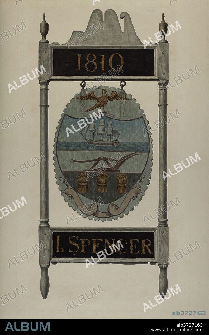 AMERICAN 20TH CENTURY. Tavern Sign. Dated: 1935/1942. Dimensions: overall: 66.6 x 44.3 cm (26 1/4 x 17 7/16 in.)  Original IAD Object: 20 3/4" wide; 46 1/2" high. Medium: watercolor, graphite, and gold ink on paper.