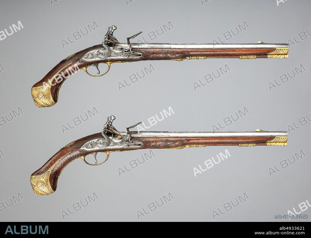 Franz Matzenkopf, Pair of Flintlock Holster Pistols, Bohemian, Prague, ca. 1735, Prague, Bohemian, Prague, Steel, wood (walnut), copper alloy, gold, L. of each 21 in. (53.3 cm); L. of each barrel 14 1/16 in. (35.7 cm); Cal. of each .60 in. (15.2 mm); Wt. of 2018.282.1: 2 lb. 8 oz (1131 g); Wt. of 2018.282.2: 2 lb. 8 oz (1132 g), Firearms-Pistols.