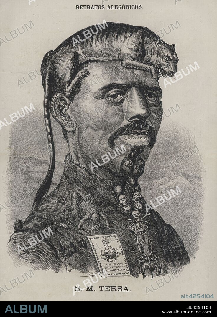 Carlos de Borbón y Austria-Este (1848-1900), pretendiente carlista al trono de España en 1874. Caricatura y retrato alegórico de S.M. Tersa.