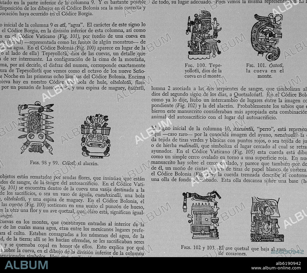 GRABADO - CODICE BORGIA - COLOTL, EL ALACRAN, TEPEYOLLOTLI, DIOS DE LA CUEVA EN EL MONTE, OZTOTL Y EL AVE QUETZAL.
