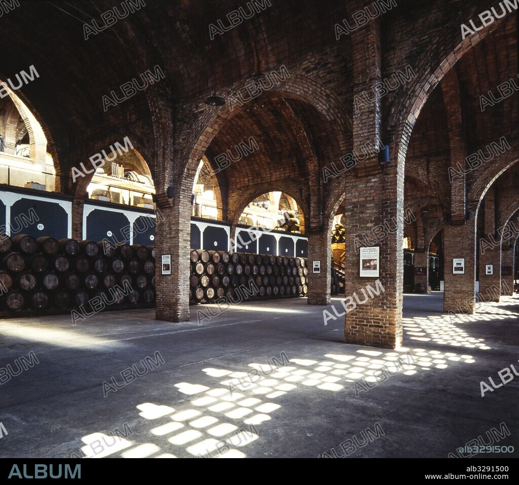 JOSEP PUIG I CADAFALCH. Cavas Codorniu, 1902-1915. Bodega grande. Nave con columnas. Tres arcos de medio punto sobre pilares, que soportan los arcos torales de ladrillo de las vueltas. Modernismo. Sant Sadurní d'Anoia.