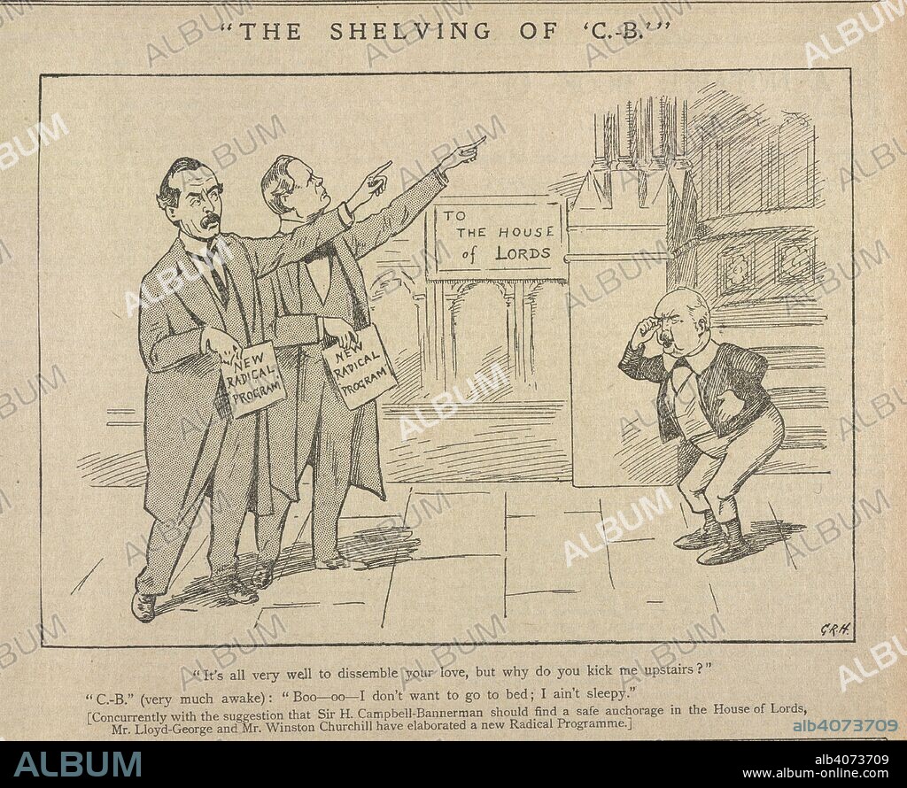 The shelving of C.B. A cartoon depicting Sir Henry Campbell-Bannerman, David Lloyd-George and Winston Churchill. Illustration from issue dated 22nd October 1904. The Pall Mall Gazette. London, 7 Feb.1865 - 5 Feb.1921. Source: Colindale, 5. Language: English.