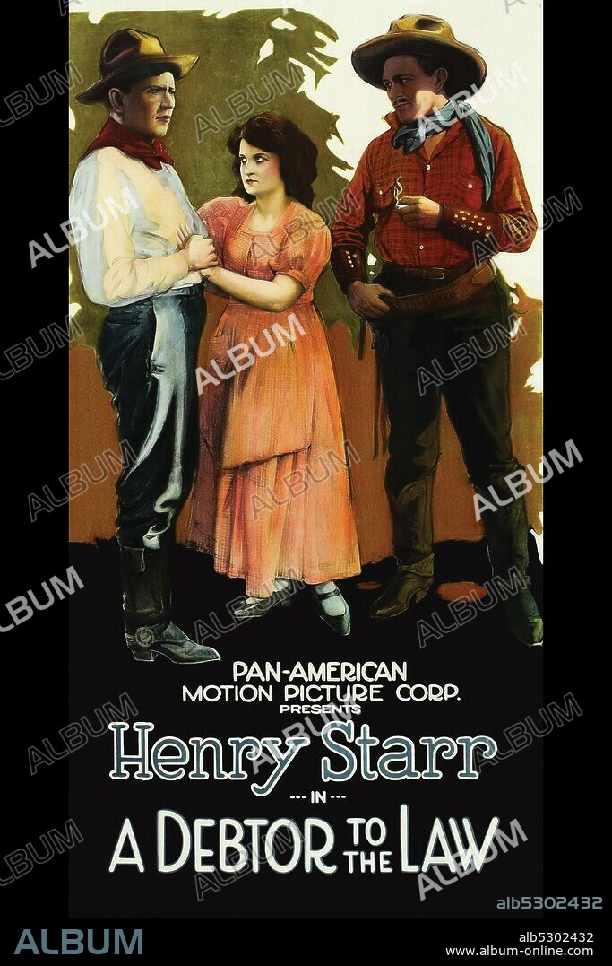 Two Cowboys & a Girl.  Poster to the 1919 Silent film, "A Debtor to the Law" Starring Henry Starr, Paul Curry, and Karl Hackett..